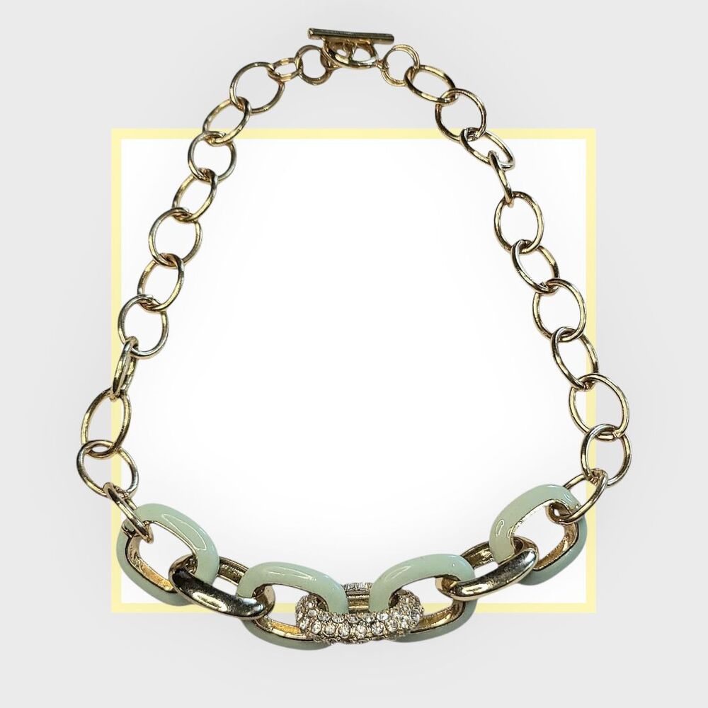 Chunky Mint Green and Crystal Large Chain Link Gold Tone Necklace